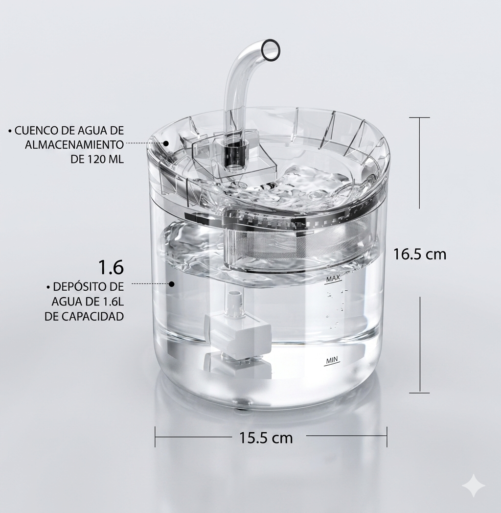 Fuente de Agua Transparente para Mascotas (1.6L) – Hidratación Automática y Saludable